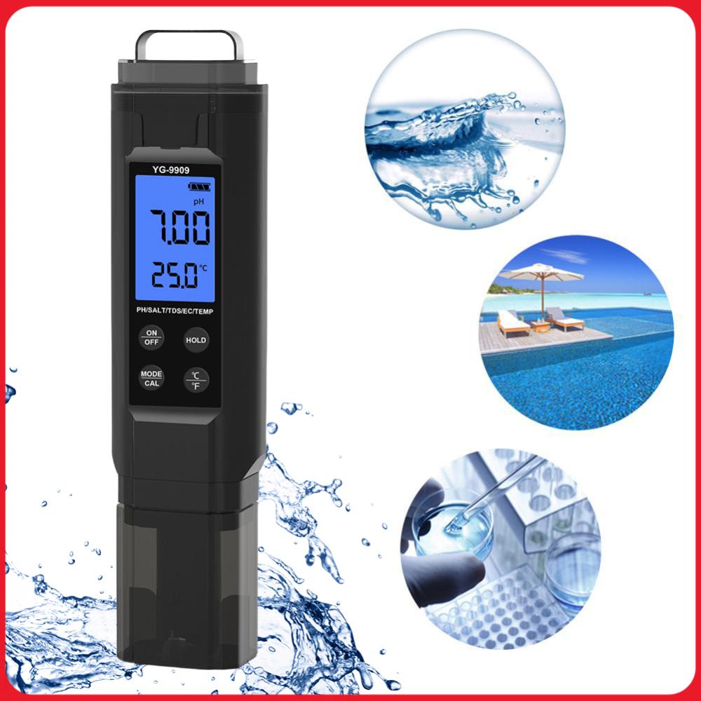 Ph Meter Digital Water Tester - 5-in-1 digitale waterkwaliteittester pen TDS/EC/temperatuur/zoutgehalte/pH-meter voor